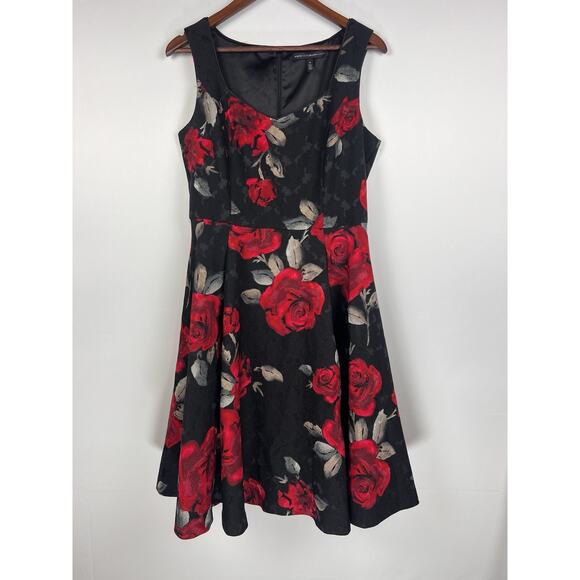 White House Black Market Black Red Rose Fit & Flare Floral Coktail Dress 10 - Picture 2 of 11